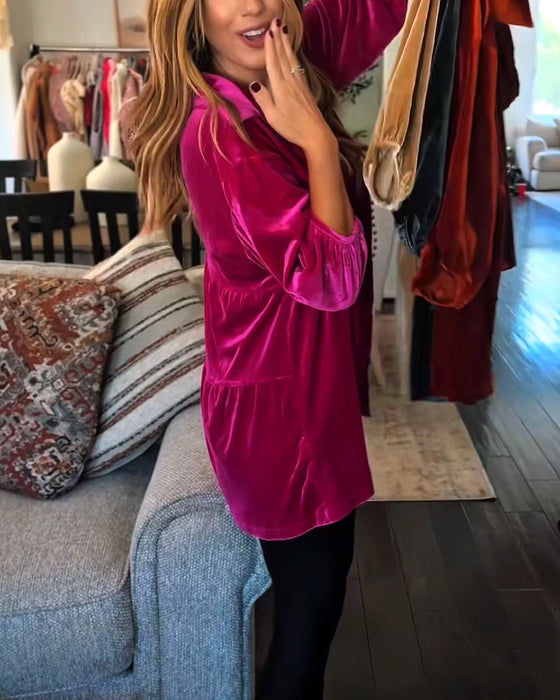 Löst Sittande Sammetsblus Med Trekvartsärmar