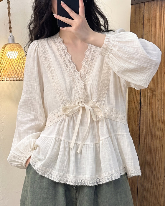 Blus V-Hals Bubbla Ärm Spets Patchwork Utställd