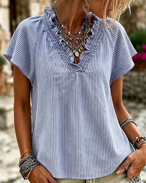 Blus V-Hals Rand Ruffle