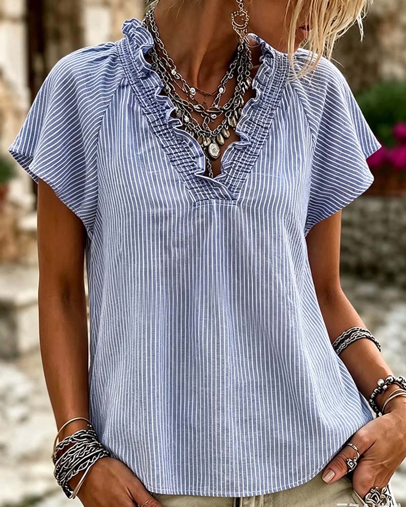 Blus V-Hals Rand Ruffle