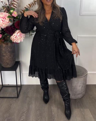 Klänning Med V-Hals Design, Bindning Vid Midja Detalj Och Skimmer Stoff