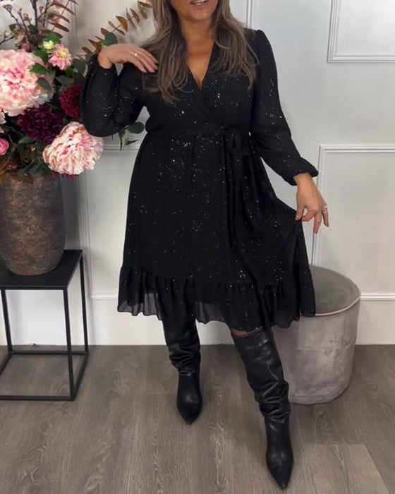 Klänning Med V-Hals Design, Bindning Vid Midja Detalj Och Skimmer Stoff