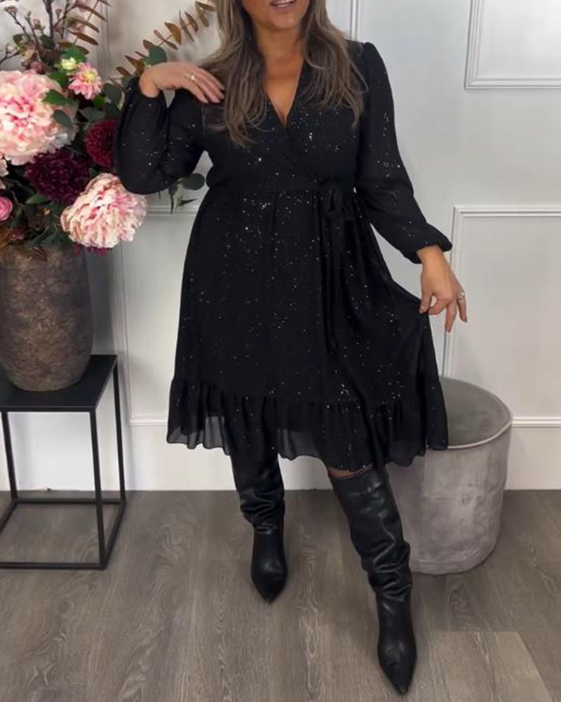 Klänning Med V-Hals Design, Bindning Vid Midja Detalj Och Skimmer Stoff