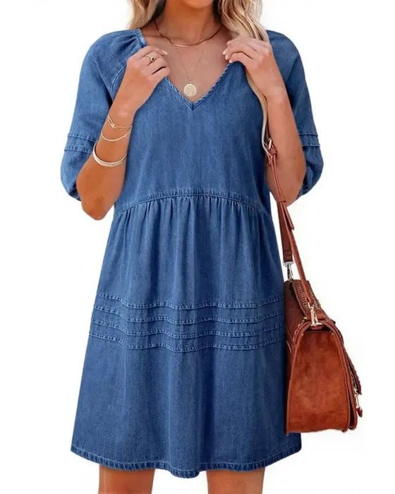 Klänningar Denim V-Hals Puff Ärm