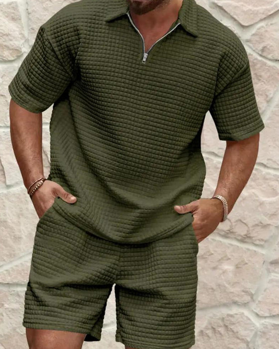 Set Polo Krage Dragkedja Våffel Textur Shorts