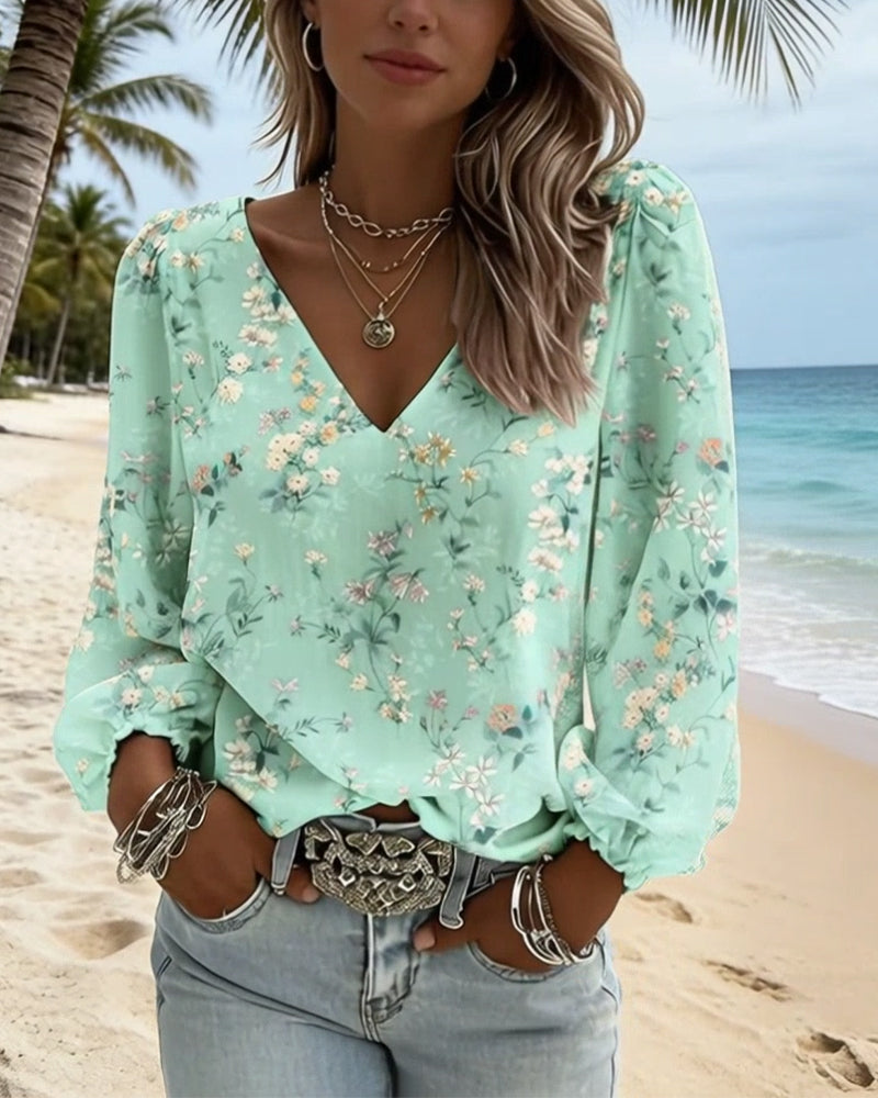 Blus Blommig V-Ringad Puffärm