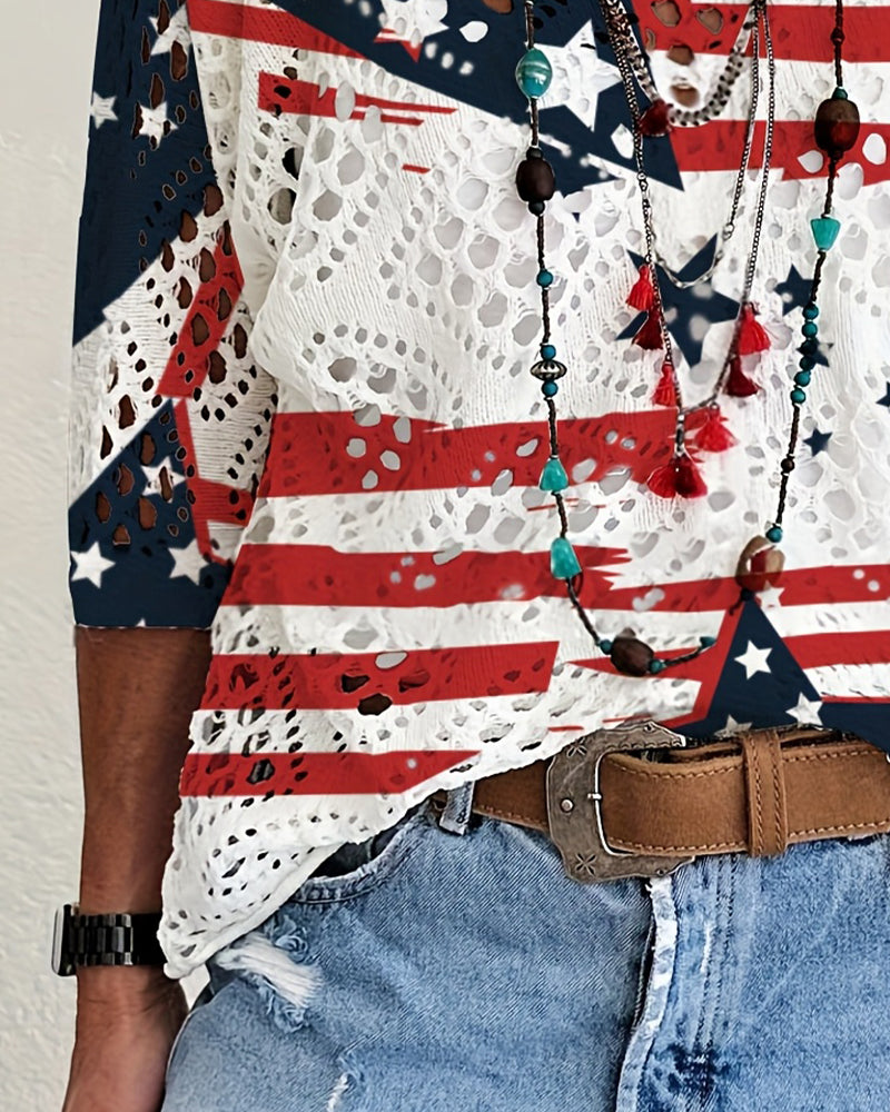 Pullover Flagga Print Utskärning Omslag Stickad