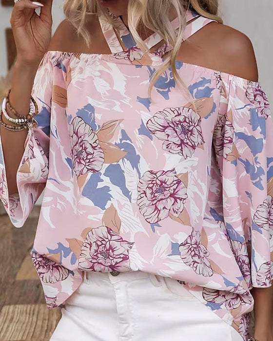 Blus Blommig Kors Off-Shoulder