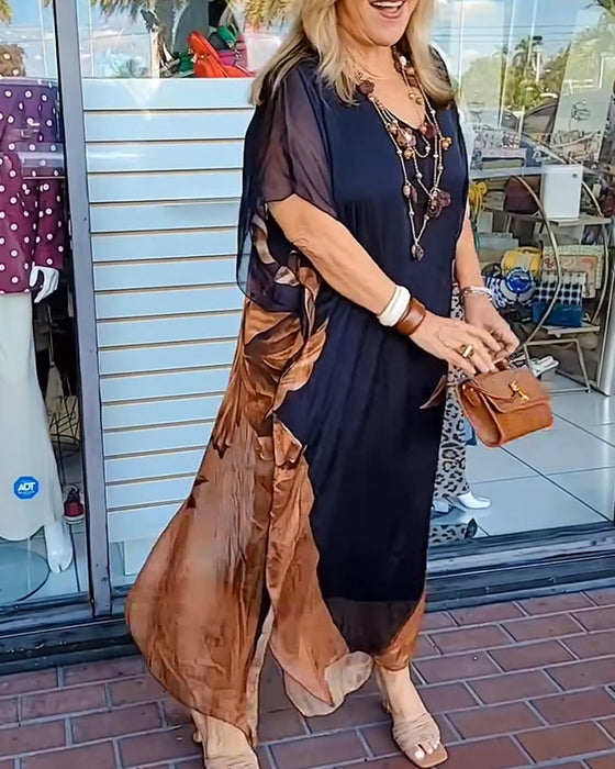 Klänning Fladdermusärm Chiffong Tryck Maxi