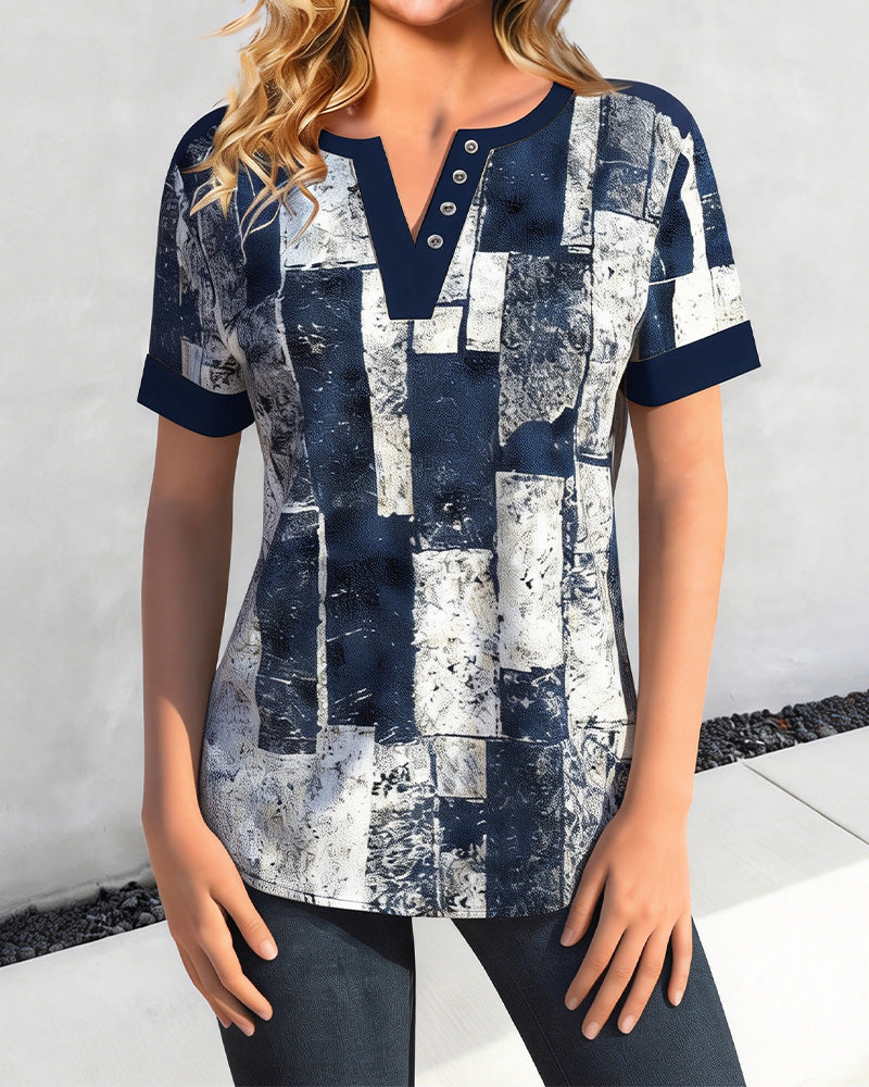 T-Shirt Nött Geometrisk V-Hals