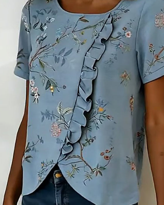 Blus Rundhalsad Kortärmad Rynkad Blommig