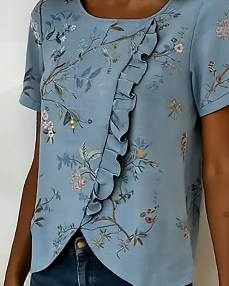 Blus Rundhalsad Kortärmad Rynkad Blommig