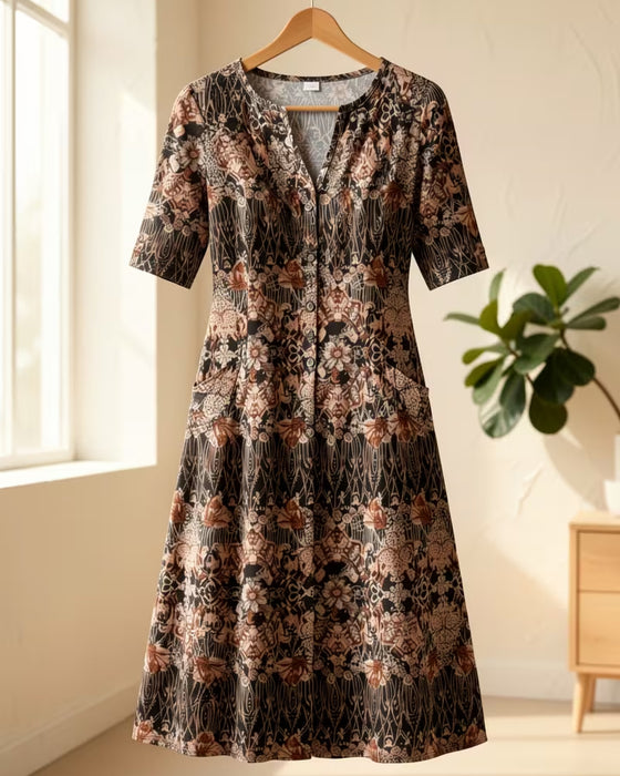 Klänning V‑hals Tryck Patchwork Halvlangärm