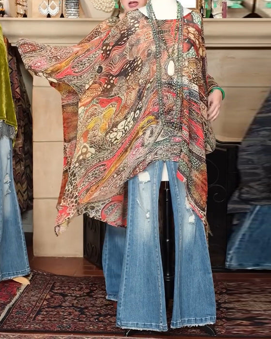 Blus Löst Fladdermusärm Tryck