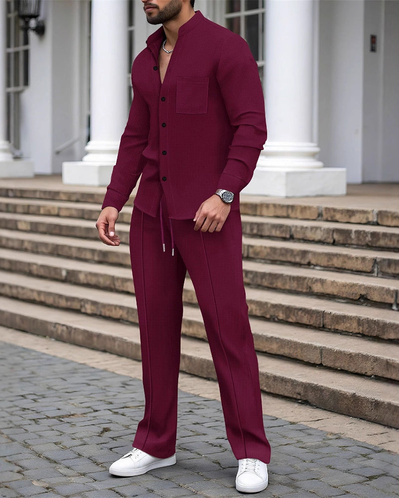 Herr Tvådelad Casual Våffla Skjorta Byxa Set