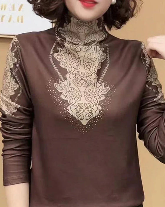 Topp Elegant Tryckt Åtsittande Dam Ståkrage