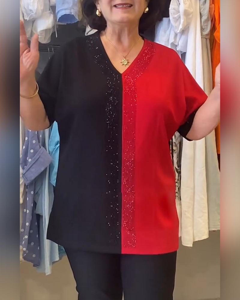 T-Shirt V-Hals Färgblock Lös