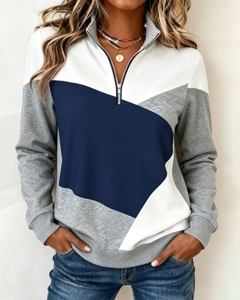 Sweatshirt Geometrisk Färgblock Dragkedja