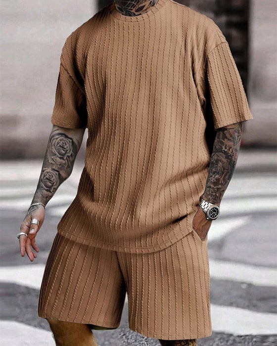 Herres Stripad T-Shirt Och Shorts Tvådelig Set Med Crew-Årning