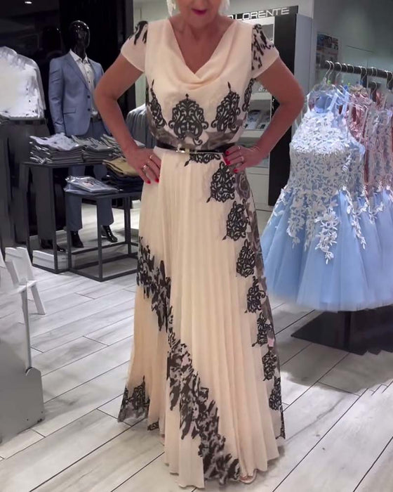 Vintage tryck plisserad elegant klänning