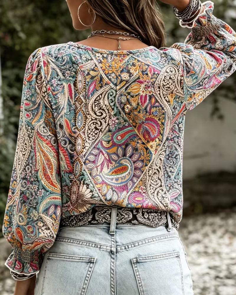 Blus V-Hals Bohemisk Bubbel Ärm