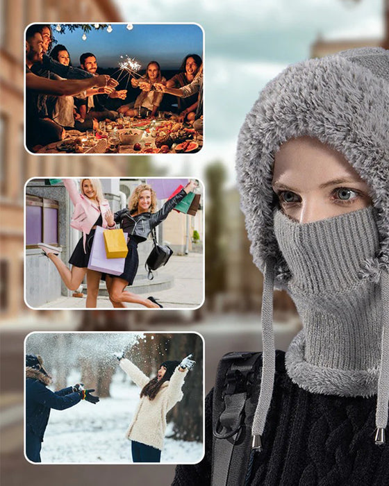 🔥Stilren Tjockstickad Vintermössa – Med Varm Ansiktsskydd Och Halsduk🧣