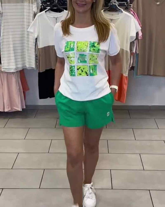 Set Casual Mönstrade Shorts Med Mellanhög Höjd