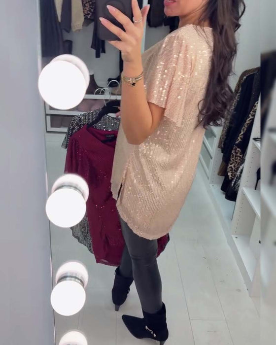 Blus Med V-Ringning Och Korta Ärmar