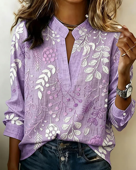 Blus Med Blommigt Mönster Och Ståkrage