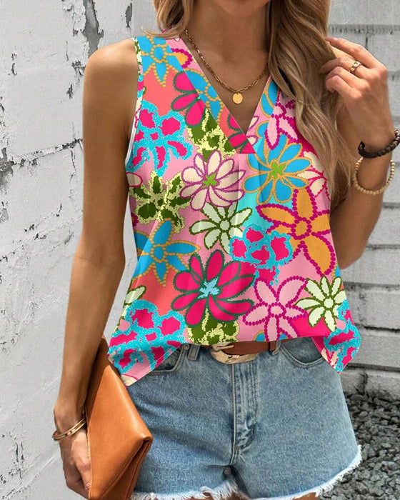 Väst V-ringning Blommönster Ärm lös