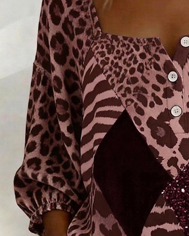 Blus Fyrkantig Hals Leopardtryck Lapptäcke Paljett