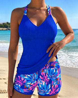 Tankini Ribbad Med Tryck Boxermodell