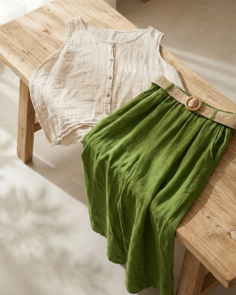 Set Med Ärmlös Topp I Bomull Och Linne Avslappnad