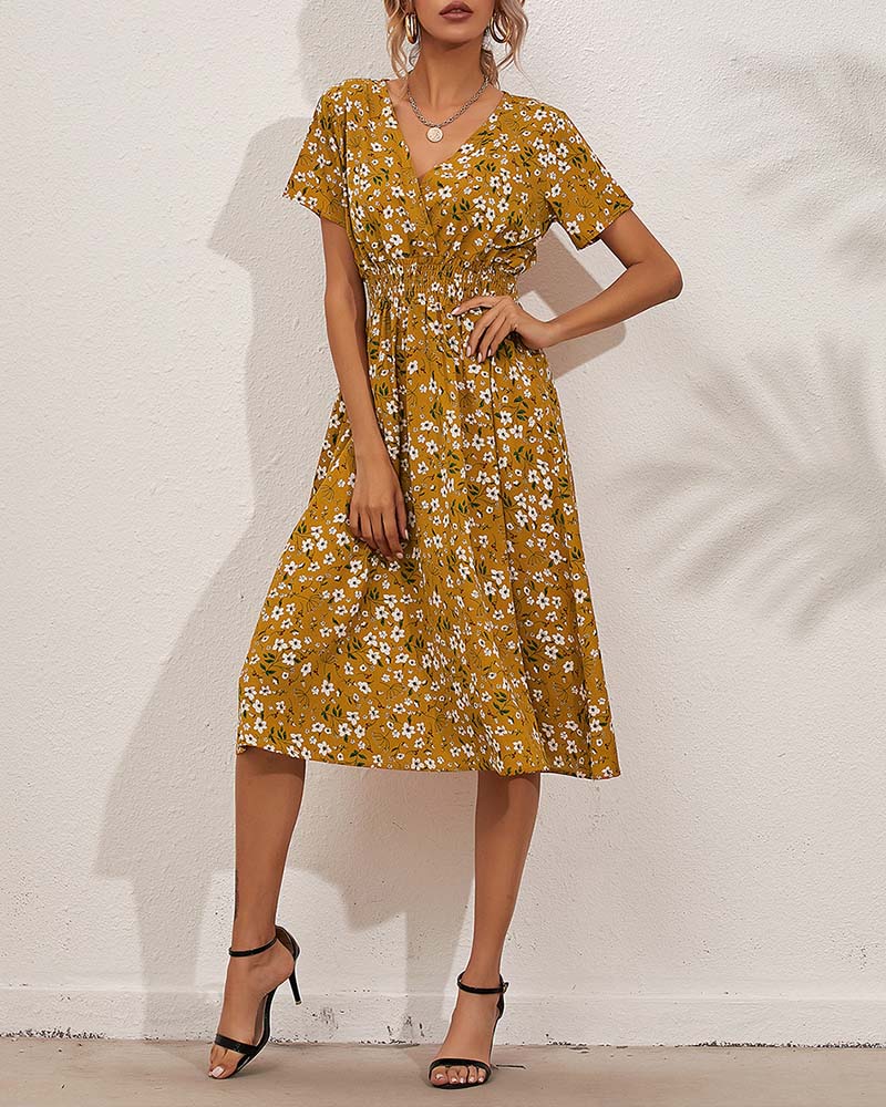 Klänning V-Ringning Snörd Midja Blommigt Print Midi