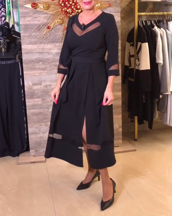 Klänning mode v-ringad mesh sömmar