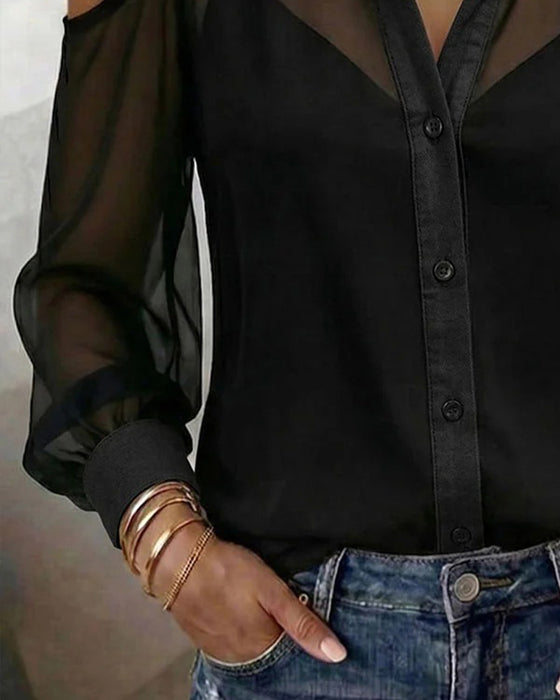 Två Delar Set Krage Naken Axel Genomskinlig Blus Linne