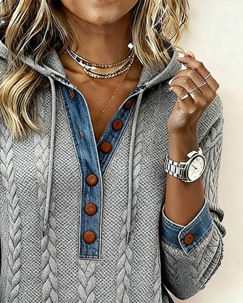 Färgblockad Långärmad Hoodie Med Knappar