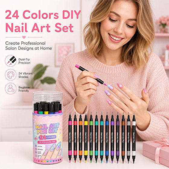 24 Färger Dubbeländade Nagelkonstpennor Set
