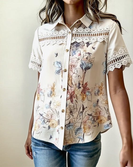 Skjorta Blommig Spets Lapptäcke Kort Ärm