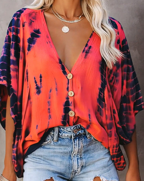 Blus V-Hals Tie-Dye Casual