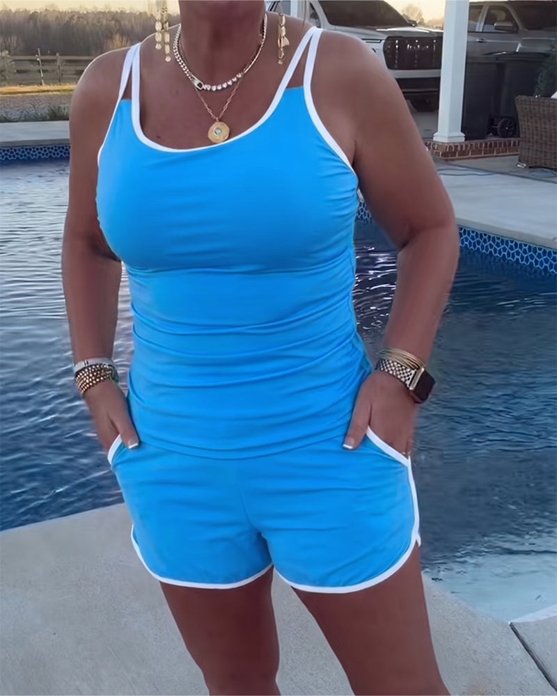Tankini Med Färgkontrast Kantband Och Detaljer