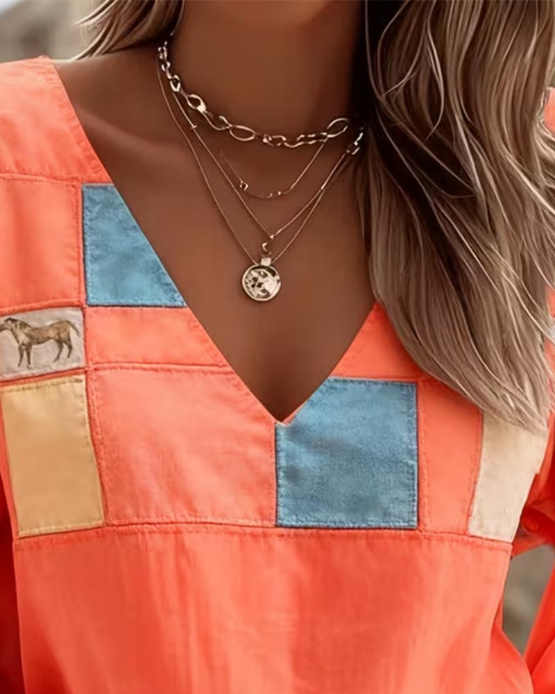 Blus V-Hals Kontrast Tryck