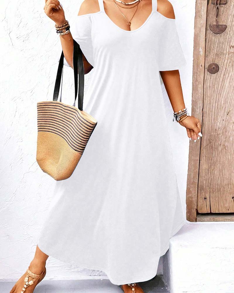 Klänning Enfärgad V-Ringning Off-Shoulder Lång