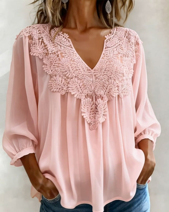 Blus V-Ringning Spets Enfärgad