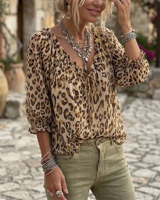 Blus Leopardtryck V-Hals Puffärm Snörning