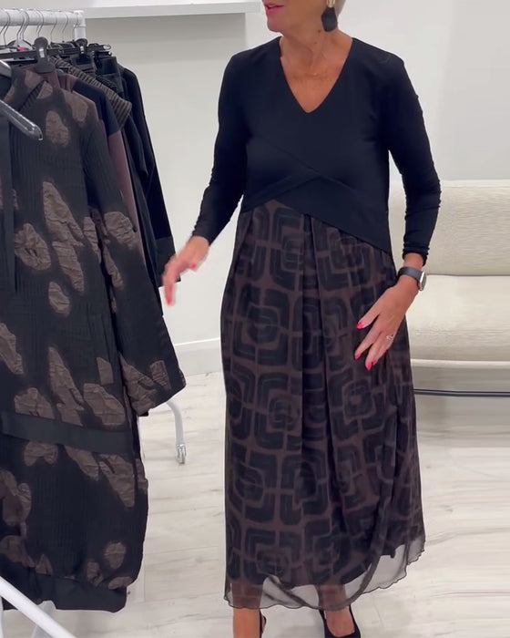 Klänning V-Ringning Långärmad Lapptäck