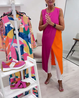 Blus Ärmlös Kontrastfärg Slits Lång