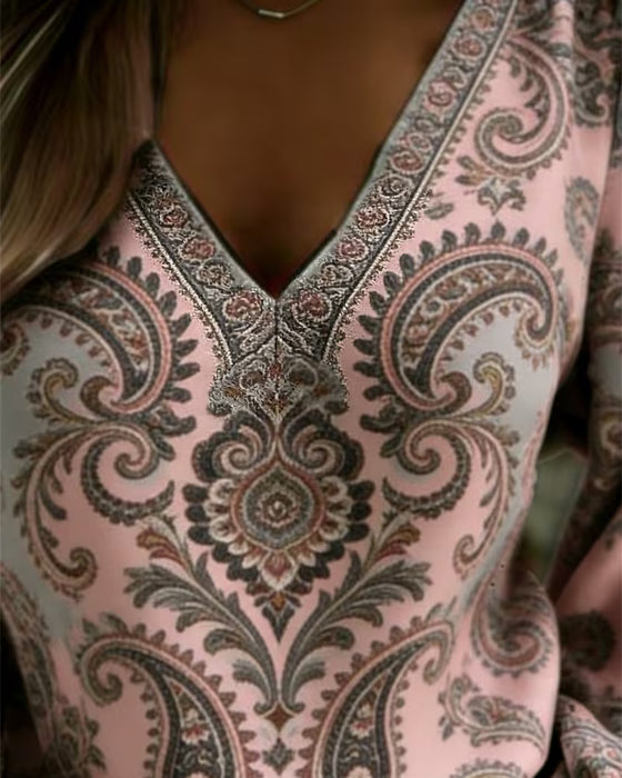 Blus Paisley Mönster V-Hals Lykta Ärm