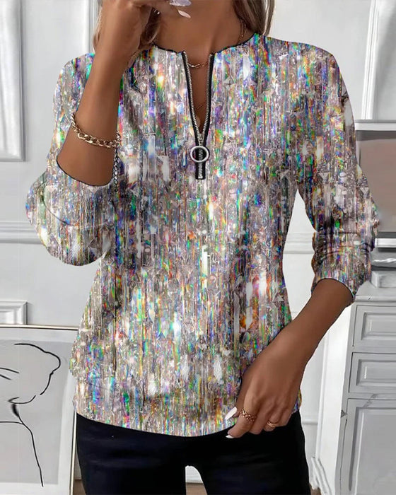 Tryckt Långärmad Sweatshirt Med Halvblås