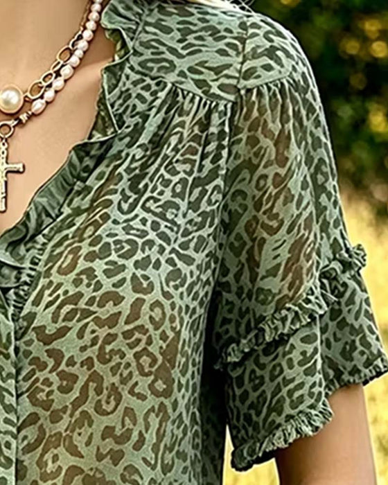 Blus Gröntons Leopard Tryck Ruffle